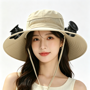 UPF50+ Wide Brim Canvas Sun Hat 2 Rechargeable Cooling <b>Fans</b> Mesh Breathable Windproof Chin Strap UV Protection Unisex Hat - Product Image 1