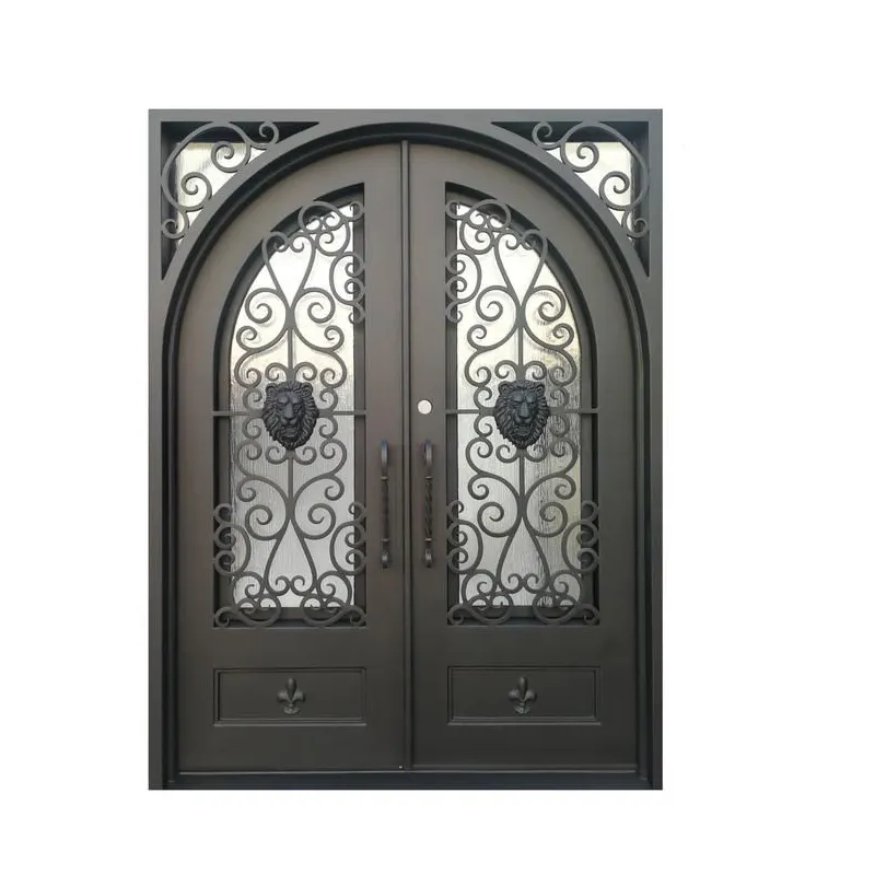 Puertas de hierro personalizadas, puertas de entrada delantera, diseño de hierro forjado, doble entrada