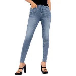 Light Blue Hot Rhinestone Jeans Skinny cintura alta para mulheres Stretch Meninas Calças