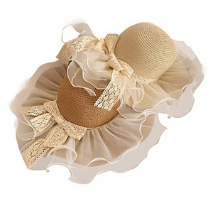 Sombrero de Sol Ajustable de Doble Capa con Volantes de Organza y Borde Ancho con Encaje, Protección UV para Vacaciones en la Playa, para Mujer - Product Image 1