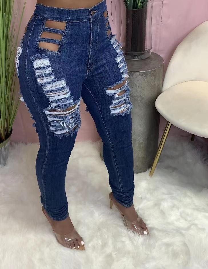Новые поступления 2021, эластичные джинсы, женские рваные брюки с вырезами, модные повседневные брюки