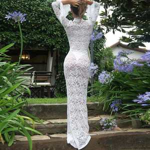 Dropshipping bianco Sexy sirena lunga Maxi abito con stampa a maglia floreale sottile trasparente in pizzo manica lunga svasata lavabile - Product Image 4