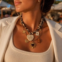 Collier superposé SUMMLY vintage en tissu motif cœur, soleil et léopard, pendentif en acier inoxydable plaqué or 18 carats, bijoux quotidiens pour femme