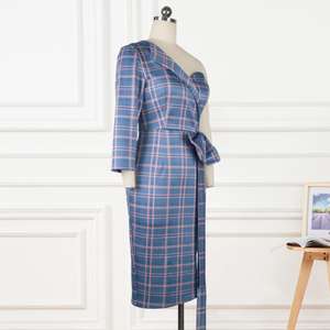 Sexy Chic Irrégulière Une Épaule <span class=keywords><strong>Plaid</strong></span> Noeud Papillon Dames Robes De Bal - Product Image 4