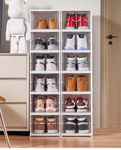 Boîtes de rangement pour chaussures en plastique transparent pliables à 3 niveaux, organisateurs de rangement pour chaussures pour la maison, boîte de rangement pour chaussures à 3 niveaux - Product Image 5