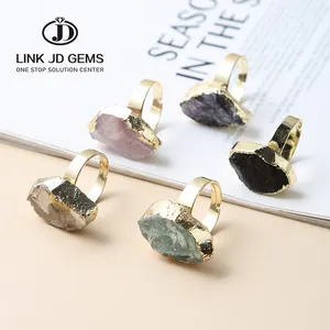 JD Natural Crystal Stone Rough Pink Quartz Braided Copper Wire Ring Women Bohe Irregular Amethysts Gold Color Adjustable Rings