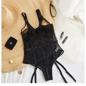 Body de malla transparente sexy y seductor de AliExpress, estilo europeo y americano, con medias de liguero caladas y ajustadas. - Product Image 2