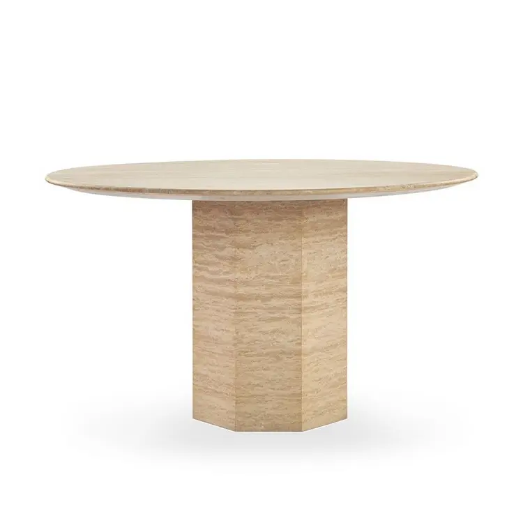 Landiview Dining Room Stone Furniture Round Beige Travertine Dining Table with Hexagon Base