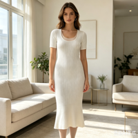 Faith Midi Robe côtelée moulante blanche à manches courtes pour femme, longueur extra-longue, haute qualité, OEM & ODM, vente en gros