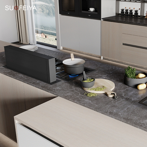 SOFEYIA, armario de isla de cocina personalizado, gabinetes de vidrio de chapa de madera MDF, grifo, bisagra, cajón, cesta, fregadero, resina laminada de mármol - Product Image 2