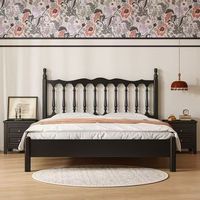 Lit Rétro en Bois Massif Noir, Luxe Léger, Moderne, pour Chambre Parentale, Ensemble de Literie Simple ou Double