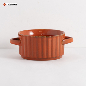 Color Glazed Ceramic <b>Soup</b> <b>Bowl</b> Customized Round <b>Soup</b> <b>Bowl</b> <b>with</b> Two <b>Handle</b> - Product Image 1