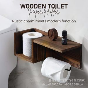 Wooden Wall Mounted Toilet <b>Paper</b> Holder With Shelves Farmhouse Bathroom Storage Rack Rectangular Wood Grain <b>Color</b> - Product Image 5