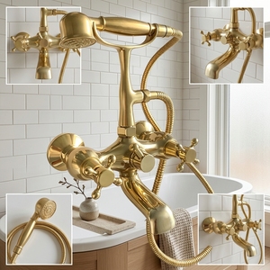 Robinet mitigeur de <span class=keywords><strong>baignoire</strong></span> et douche mural en laiton satiné, style téléphone antique à double poignée, avec douchette à main - Product Image 3