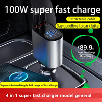 Adaptor Pengisi Daya Mobil 120W dengan Kabel Dapat Ditarik Pengisian Cepat Dual Port Tipe-C PD QC 3.0 Layar Digital LED untuk iPhone Samsung