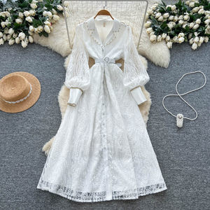 Vestidos para Mujer, Elegantes, Estilo Real, Manga Farol, Encaje Bordado, Vestido Línea A, Vestido Azul Ajustado para Mujer - Product Image 3