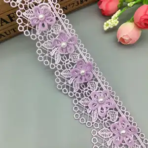 Hot Sale Custom Color Saree Embroidery beaded Lace Trim Flower White Guipure Chantilly Polyester Lace Trim Fabric For Diy,Dress