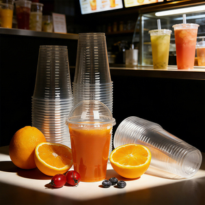 Gobelets en plastique jetables pour fête, verres à vin transparents, gobelets à jus, café, smoothie, gobelets en plastique PET à emporter avec couvercle plat en dôme - Product Image 2