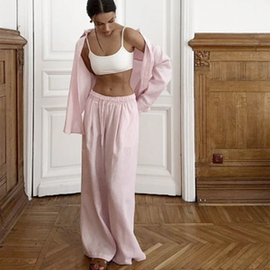 Enyami da <span class=keywords><strong>donna</strong></span> pantaloni lunghi a gamba larga 2 pezzi Set Casual <span class=keywords><strong>in</strong></span> cotone tinta unita da <span class=keywords><strong>donna</strong></span> Co Ords tailleur camicia a maniche lunghe Set due pezzi - Product Image 5