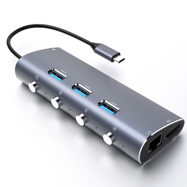 USB C to 6 in 1 Aluminum Alloy Adapter RJ45 HDTV 4K30HZ PD Fast Charging USB 3.1 5Gbps Data Transfer Multi Port Switch Stock