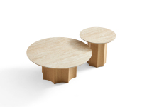 Table basse de salon personnalisable en travertin de luxe léger avec base en bois de frêne antique – Ensemble de tables à thé
