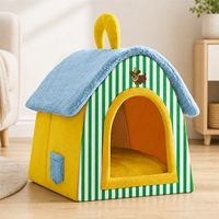 Maisonnette d'intérieur douce pour chats et petits chiens, lit pour animaux rayé avec support en éponge et coussin amovible