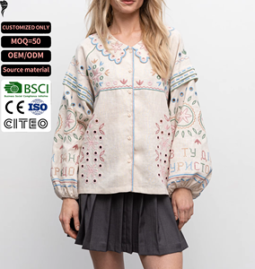 Women Embroidered <b>Linen</b> Cotton Shirt V-Neck Full Sleeve Floral Pattern Loose Fit Spring <b>Top</b> Button Closure - Product Image 1