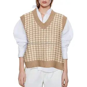 Nieuwe Ontwerp Aangepaste Diepe V-hals Vrouwen Gebreide Mouwloze Trui Vest Acryl Houndstooth Losse Fit Knitwear Voor Vrouwen