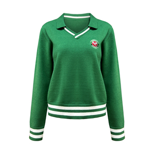 Custom <strong>Women</strong> Green Long Sleeve Tennis Pullover <strong>Polo</strong> <strong>Neck</strong> Knitted Casual Fashion Striped Cuffs Hem Sportswear <strong>Jumper</strong> Knitted Top - Product Image 1