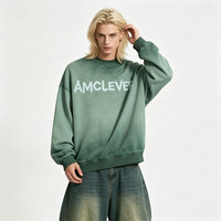 Sweat-shirt vintage délavé à col rond avec logo brodé personnalisé, style streetwear, en molleton épais, pour homme