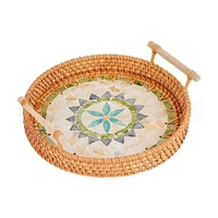 Plateau en rotin tressé bohème - Écologique, résistant à la chaleur, avec poignée, cadeau pour le Ramadan et Diwali, pour servir des fruits, des collations et du pain