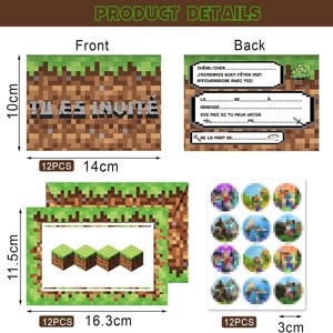 การ์ดเชิญวันเกิดธีม Minecraft แบบกำหนดเอง พร้อมซองจดหมายและชุดสติกเกอร์ พิมพ์ดิจิทัลภาษาฝรั่งเศส ผิวด้าน - Product Image 3