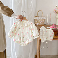 Mono de bebé 2026 de primavera/otoño con estampado floral, cuello triangular, estilo princesa tulipán, de algodón, con doble botonadura