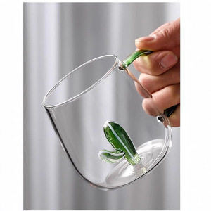 Gobelet à eau en verre 3D créatif en forme de cactus, transparent avec poignée verte, pour jus, lait, fêtes, unisexe - Product Image 5