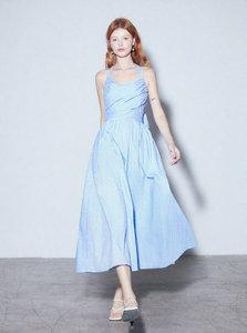 OEM Woven Cotton <strong>Blue</strong> <strong>White</strong> <strong>Striped</strong> Summer V-neck High Waist Large Swing Style Tie-Up Women's Sexy Strap <strong>Dress</strong> - Product Image 4