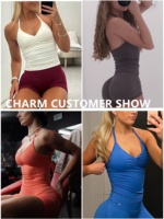 Débardeur de sport sans coutures grande taille à col halter en V profond pour femme, soutien-gorge de compression pour le yoga et l'entraînement avec logo frontal