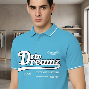 Chemise décontractée Drip Dream pour homme, bleu clair, manches courtes, avec bordure contrastante et motif lettres imprimées, coupe classique, en polyester/coton - Product Image 2