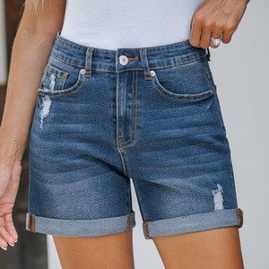 Shorts en jean déchiré bleu taille haute pour femme 2026, coupe droite extensible, amincissant, avec ourlet retroussé - Product Image 1