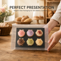 Boîte à cupcakes personnalisée écologique en carton perforé avec couvercle transparent et insert, idéale pour les boulangeries, cafés et événements