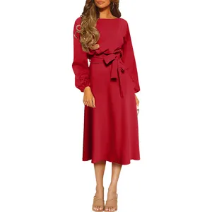 Fashion High Quality Fall Women Elegant Long Dress Puff Long Sleeve Ruffle Trim A-line Swing Chiffon Dresses with Belt