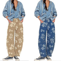 Celana Jeans Wanita Model Wide Leg Warna Biru Muda Coklat Bahan Katun Denim Bermotif Bunga Celana Jeans Boyfriend Vintage Celana Denim Wanita
