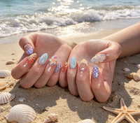 Ongles à presser personnalisés en forme d'amande, 30 pièces, avec fleurs 3D, coquillages et perles, en PMMA, longue durée, avec colle