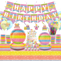 Assiettes, gobelets, serviettes, nappes, pailles, bannières, guirlandes, décorations de gâteau, ballons et fournitures pour fête d'anniversaire arc-en-ciel pastel