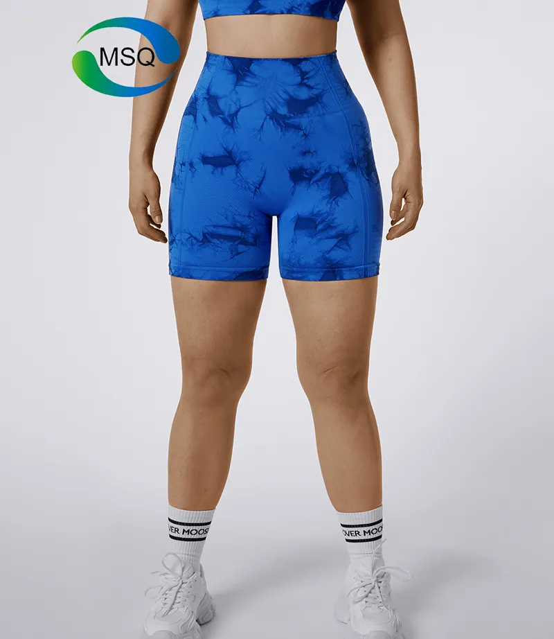 Custom Activewear Gym Fitness Sets Marble Tie Dye seamless long sleeve Top Sports Bra Scrunch Butt Shorts Workout Set for Women