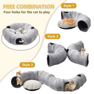 Cama Túnel para Gatos de Felpa Gris, Refugio Redondo Interactivo para Gatos con Almohada Extraíble, Túnel de Juego Plegable para Gatos de Combinación Libre - Product Image 3