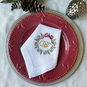 Serviette en lin à ourlet festonné, broderie personnalisée avec monogramme et initiales, nœud <span class=keywords><strong>de</strong></span> couronne <span class=keywords><strong>de</strong></span> Noël brodé, serviette <span class=keywords><strong>de</strong></span> <span class=keywords><strong>table</strong></span> - Product Image 4