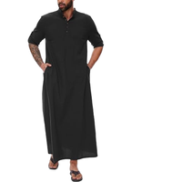 Thobe en coton noir pour homme, manches courtes, longueur cheville, coupe ample, style Moyen-Orient, couleur unie, respirant, pour usage quotidien décontracté
