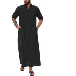 <b>Men's</b> Black Cotton <b>Thobe</b> Short Sleeve Ankle Length Casual Daily Wear Loose Fit Middle East Style Solid Color Breathable Robe - Product Image 4
