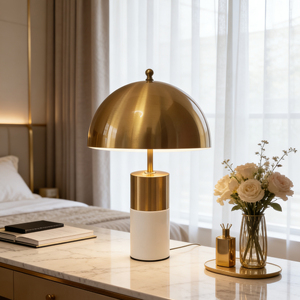 Lámpara de mesa con base de mármol, pantalla de cúpula dorada, luz LED, iluminación de escritorio para dormitorio, diseño minimalista moderno, portalámparas E27 - Product Image 1