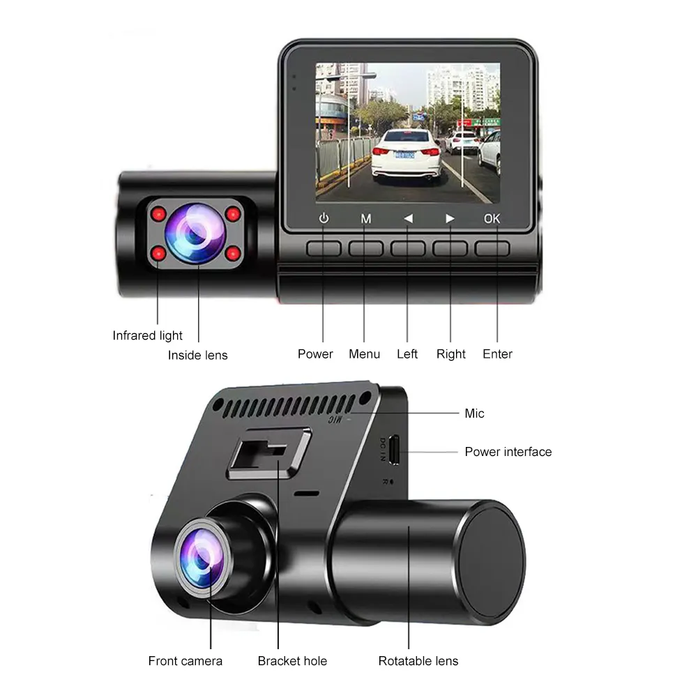 2.45 zoll 1080+480+480P drei-objektive auto-kamera hd dvr 3 objektive vorne und hinten videorecorder für fahrzeug fahrzeug blackbox dashcam